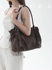 low tea 1 buah Tas Bahu Kulit PU Minimalis Bergaya Vintage dengan Gesper, Cocok untuk Bepergian, Berbelanja, dll. - Kopi - View 12