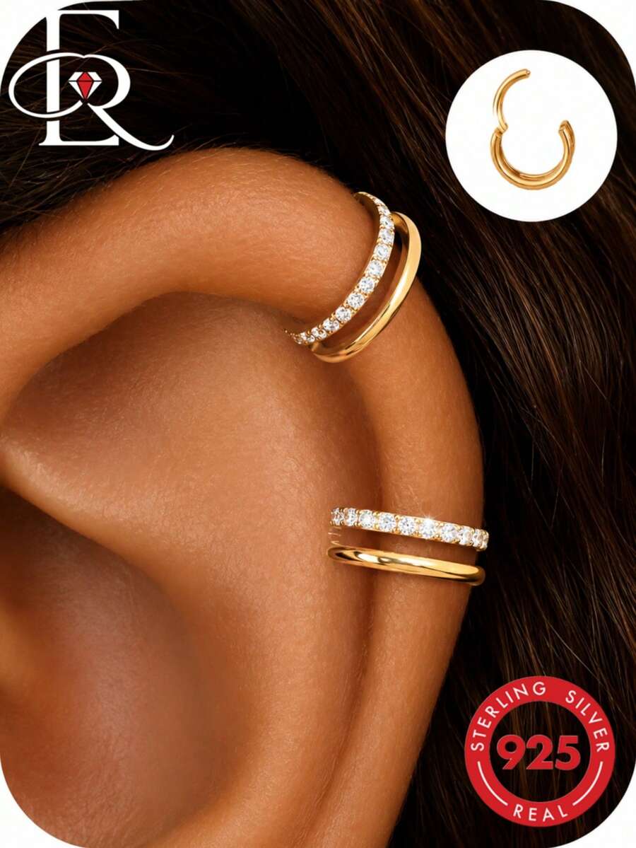 EleRunis 1PC 925 Sterling Silver Dainty Double Cartilage Hinge Hoop Helix Conch Piercing Earrings With Sparkling Cubic Synthetic Zirconia For Daily Wear Party - Silver - View 1