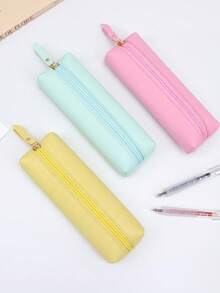 1pc Korean Style Lychee Texture PU Leather Zipper Pencil Case, Macaron Multicolor Large Capacity Minimalist Long Pencil Pouch, Student Desk Stationery Storage Bag, Pencil Holder - Multicolor - View 5