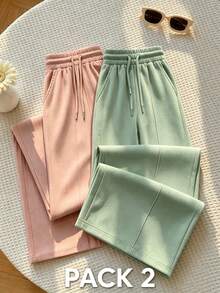 2 Pantalones de chándal tipo jogger de punto suave para mujer con detalles fruncidos, elasticidad media, estilo básico largo para comodidad en verano. - Multicolor-3 - Ver 1