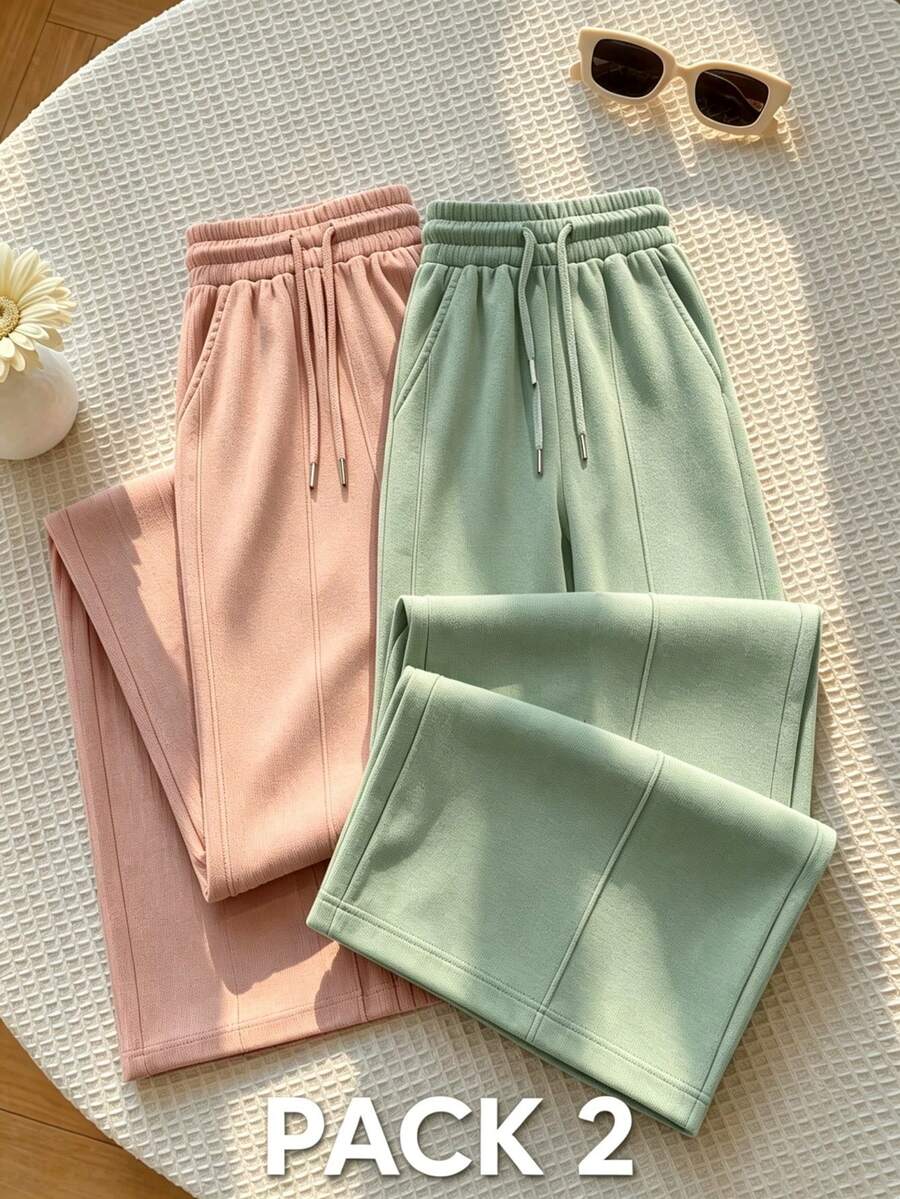 2 Pantalones de chándal tipo jogger de punto suave para mujer con detalles fruncidos, elasticidad media, estilo básico largo para comodidad en verano. - Multicolor-3 - Ver 1