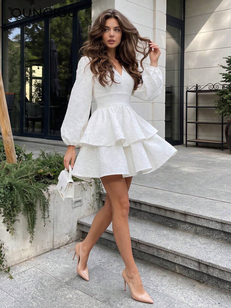 Women Deep V Neck Flower Dress Lantern Long Sleeve Elegant Apparel For Wedding Going Out Dating - White - View 1