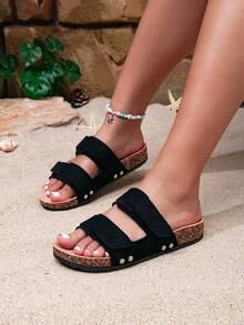 Women's Vintage Open Toe Breathable Sandals, Double Buckle Design Casual Fashion Flat Sandals, Suitable For Daily Wear, Beach, Home, Commute, Shopping, Travel, Summer Sandals - Black - View 7