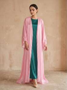 Hafizah Middle Eastern Modest Women Abaya Dress, Dubai Outerwear Cardigan Robe, Shiny Fabric, - Berwarna merah muda - View 4