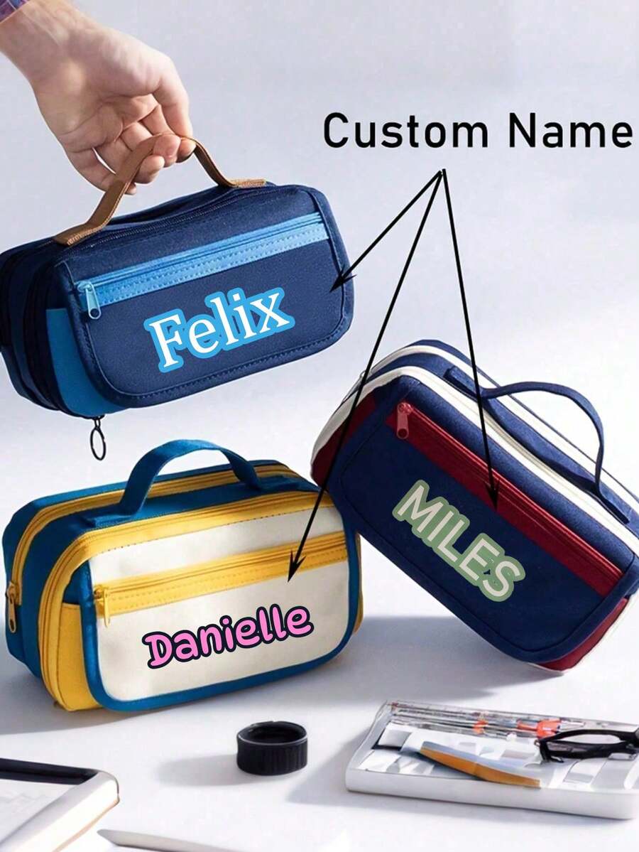 Customizable Name Colorblock Tote Pencil Case, Personalized Pencil Box, Back To School Pencil Bag, Pencil Name Stationery Gift, Custom Pencil Box - Multicolor - View 1