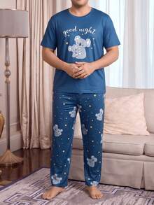 Plus Size Men's Blue Koala Print Pajama Set, Summer Short Sleeve T-Shirt + Star Print Long Pants, Loose Casual Loungewear - Blue - View 4