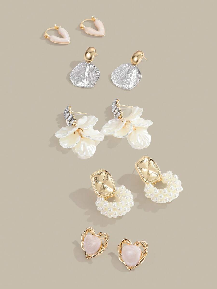 Altistry 10pcs/5 Pairs Sweet & Gentle Rhinestone Flower Petal Faux Pearl Teardrop Heart Stud Earrings, Fashionable Versatile Earring - Gold-white (5 Pairs) - View 1