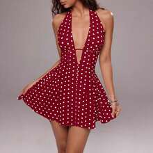 Women's Short Dress With Deep V-Neck And Open Back, Polka Dot Print, Vacation Style, For Summer - 紅色 - 查看 11