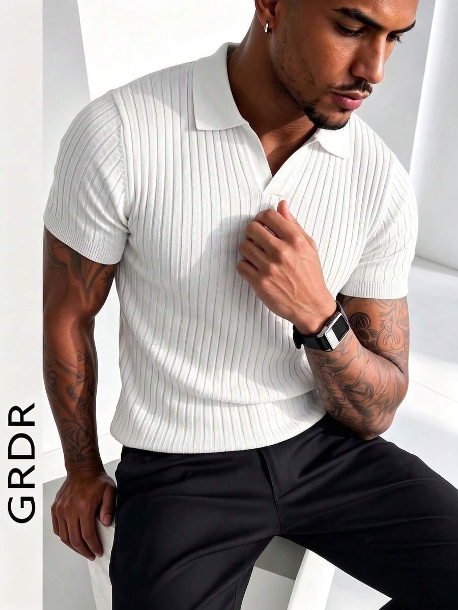 GRDR Men's Summer Solid Color Polo Collar Short Sleeve Knit Sweater, Suitable For Summer Outings, Essential For Fashionable Styling