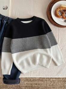 Young BoySchool Style Striped Contrast Color Pullover Sweater, Suitable For Autumn & Winter - Black - View 1