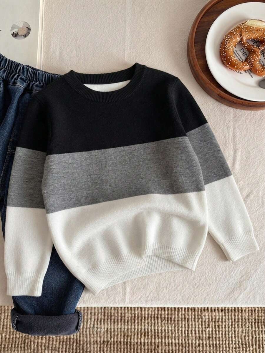 Young BoySchool Style Striped Contrast Color Pullover Sweater, Suitable For Autumn & Winter - Black - View 1