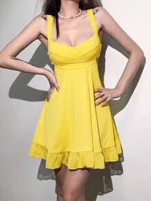 Vestido suelto de malla transparente con tirantes finos y hombros descubiertos que estiliza la figura - Amarillo - Ver 2