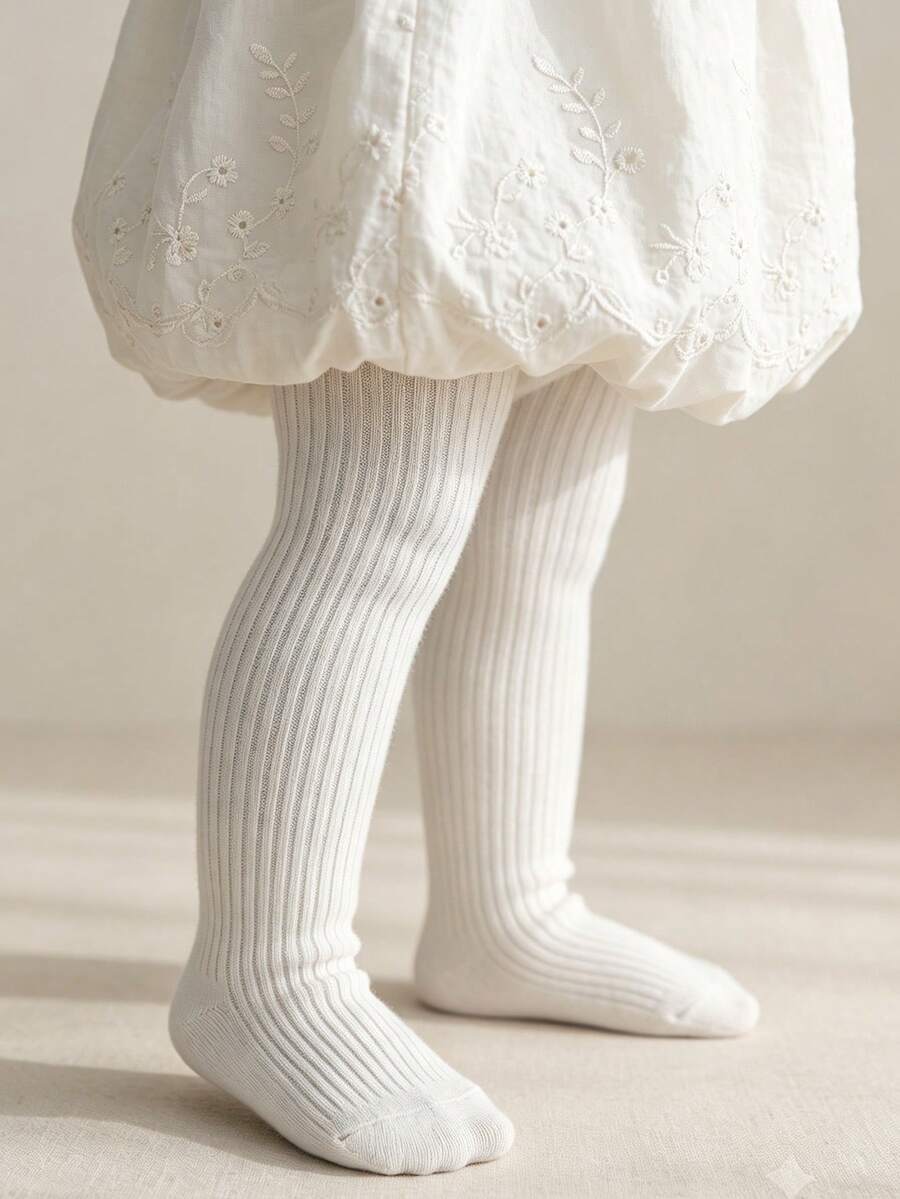 1雙垂直條紋純色嬰兒幼兒兒童褲襪,百搭簡約配色,女嬰幼兒褲襪 - 白色 - 查看 1