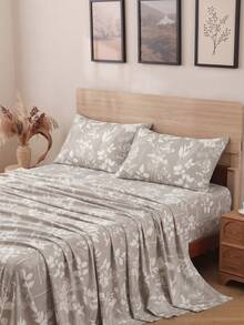 4pcs/Set Sprei Motif Bunga Tanaman Botanikal, Mudah Perawatan, Lembut, Set Perlengkapan Tidur, Set Sprei Fitted Motif Bunga (1 buah Sprei Datar + 1 buah Sprei Fitted + 2 buah Sarung Bantal) Kantong Dalam Hingga 11,8 Inci, Lembut dan Bernapas, Set Perlengkapan Tidur untuk Asrama Sekolah - Grey - View 1