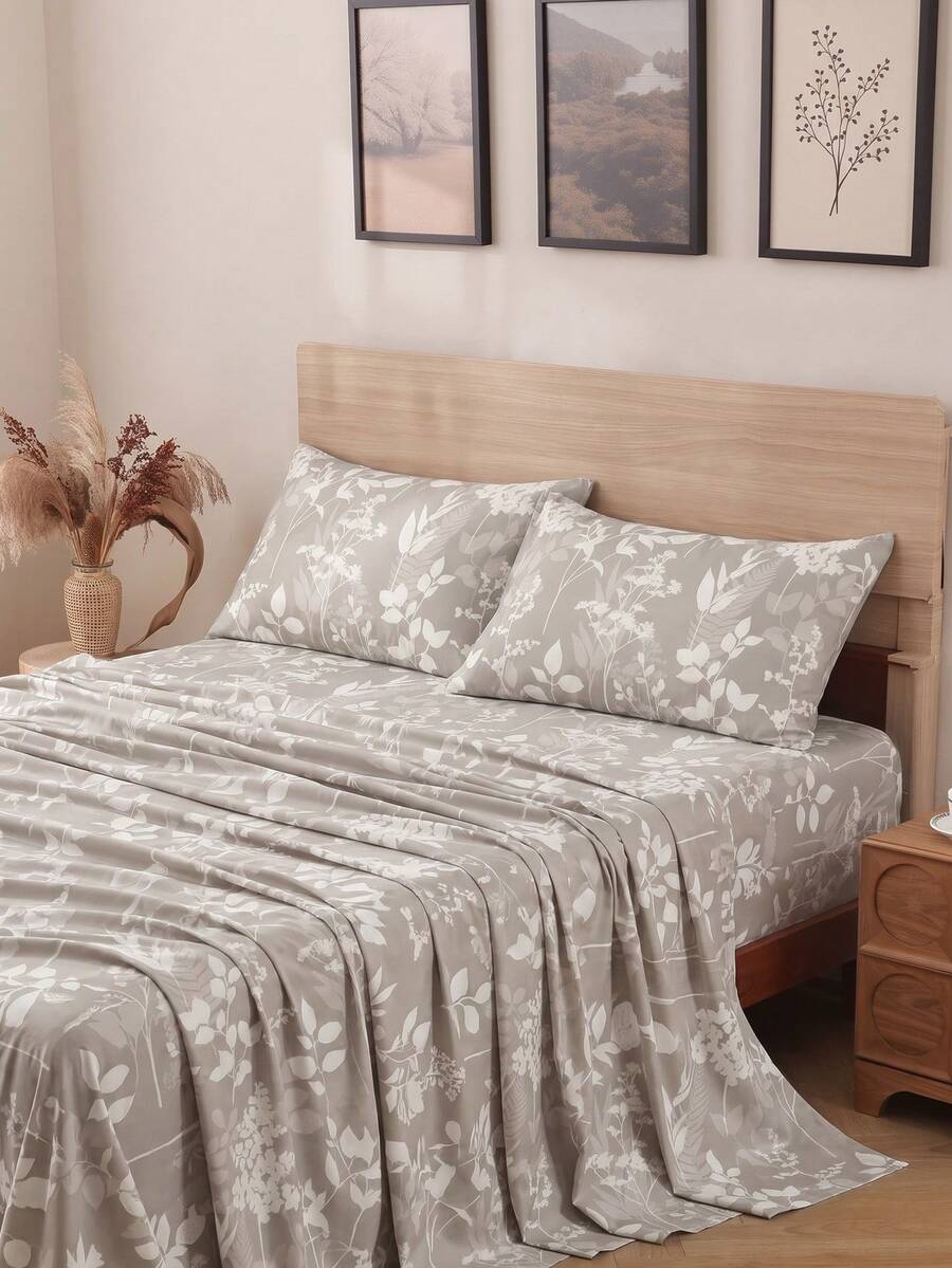 4pcs/Set Sprei Motif Bunga Tanaman Botanikal, Mudah Perawatan, Lembut, Set Perlengkapan Tidur, Set Sprei Fitted Motif Bunga (1 buah Sprei Datar + 1 buah Sprei Fitted + 2 buah Sarung Bantal) Kantong Dalam Hingga 11,8 Inci, Lembut dan Bernapas, Set Perlengkapan Tidur untuk Asrama Sekolah - Grey - View 1