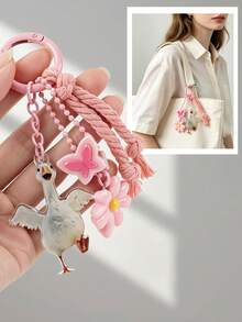 Cute White Goose Acrylic Keychain, Floral Butterfly Tassel Bag Charm, Pastel Knotted Rope Pendant Accessory For Backpack Keys - 2879 - View 1