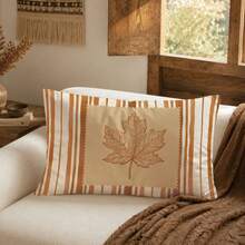 1pc Minimalist Autumn Striped Maple Leaf Cushion Cover, Single-Sided Printed Peach Skin Velvet Material, 30*50/40*60CM Pillowcase Suitable For Room Decoration, Modern Minimalist Sofa Living Room Decor, Party Decoration, Gift Giving - Multicolor - View 5