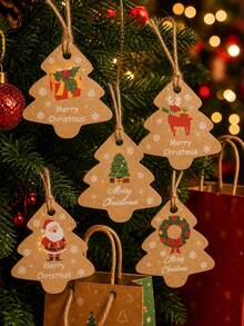 Vintage Christmas Tree Shaped Slogan Pattern Gift Tags With Rope, Santa Claus & Snowman Pattern Paper Gift Decoration Labels, Suitable For Christmas Party Gifts, Christmas - Multicolor - View 8