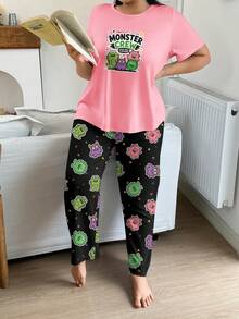 Plus Size Women's Casual Loungewear Pajama Set, Cute Funny Cartoon Monster Dinosaur Print Short Sleeve Top & Long Pants 2 Pieces Set - Pink - View 3