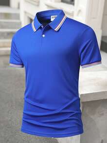 Men's Colorblock Striped Trim Short Sleeve Polo Shirt, Regular Fit, Classic Casual, Suitable For Daily Wear, Golf, Work, Versatile Top Sports - Blue - View 6