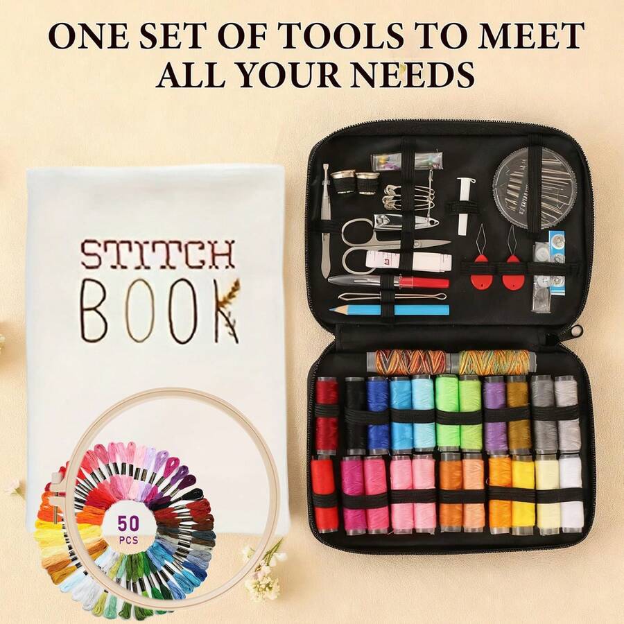 LAMYA Embroidery Starter Kit For Beginners, DIY Hand Embroidery Set With Stitch Practice Fabric Sheets, Bamboo Hoop & Portable Sewing Tools