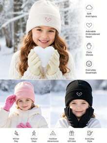 3pcs Autumn/Winter New Heart Embroidery Solid Color Kids Knit Hat & Gloves Set, Thickened Versatile Knitted Hat For Baby - Multicolor - View 4
