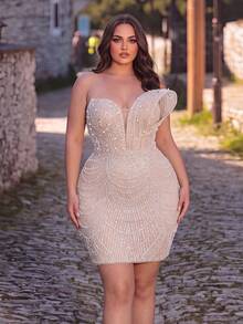 Plus Size Elegant Strapless Evening Gown With Crystal Pearl Chain And Sequin Decor, Adjustable Back Wedding Party Fall - Champagne - View 4