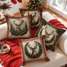 4pcs Vintage Plaid Deer Christmas Pattern Pillow Covers, Single-Sided Printed Pillow Covers, Suitable For Living Room, Bedroom, Home Decor, All Season Pillow Covers - Multicolor - View 6
