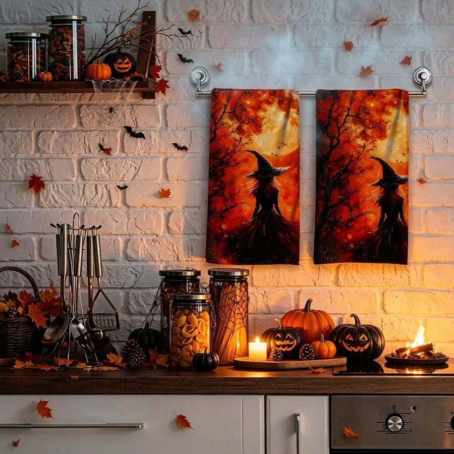 2/4/48pcs Halloween Series Blood Moon Witch Pattern Printed Kitchen Towels - Ultra Soft, Highly Absorbent Polyester Dish & Hand Towels, Perfect For Holiday Decor, Kitchen Decor, Party Decor