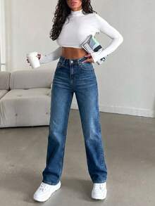 Wide Leg High-Waisted Palazzo Stretch Denim Pants - Blue - View 6