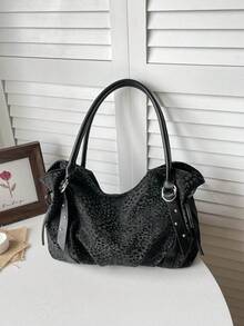 Relaxed Leopard Print Tote Bag For Women, New Minimalist Underarm Shoulder Handbag - Black - View 6