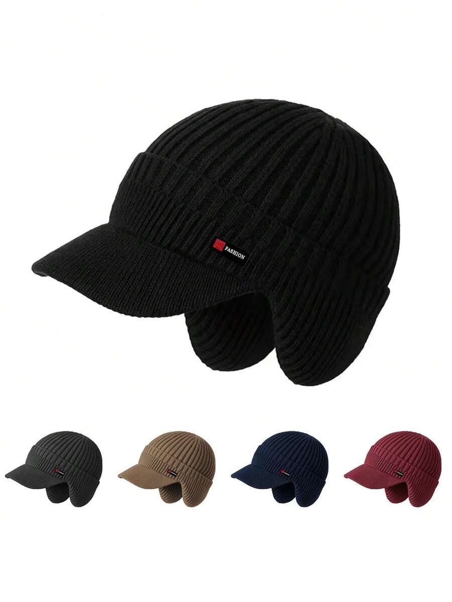 1pc Unisex Autumn/Winter Knitted Beanie Hat With Brim And Ear Flaps, Warm And Windproof Knitted Cap For Daily Outdoor Wear - Multicolor - View 1