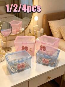 1/2/4pcs Cute Bowknot Transparent Plastic Storage Boxes, Glitter Desktop Organizer, Dust-Proof Cosmetic Jewelry Stationery Small Items Storage Box, Pink/Blue - Multicolor - View 1