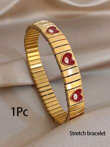 1Pc/Set Golden Stainless Steel Retro Evil Eye Heart Enamel Charm Stretch Bangle Bracelet For Women,Y2K,Daily/Boho/Party,Christmas, Valentine Birthday - Multicolor - View 13