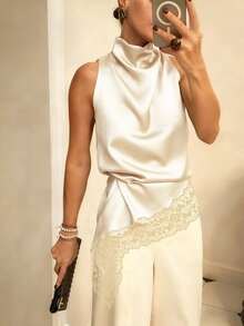 Women's Sleeveless Blouse With Wrap Neck, Black Satin With Asymmetrical Lace Edge Detail, Elegant Top For Office And Formal Outings - 香檳色 - 查看 8
