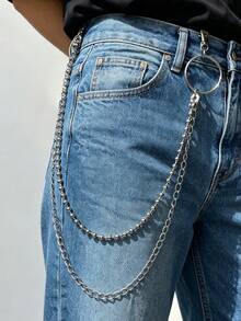 1pc Vintage Punk Style Denim Chain (Unisex/Casual Wear) Multi-Functional Double-Layer Waist Chain Perfect Gift Choice DIY Wallet Making - Silver - View 3