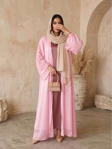 Hafizah Middle Eastern Modest Women Abaya Dress, Dubai Outerwear Cardigan Robe, Shiny Fabric, - Berwarna merah muda - View 5