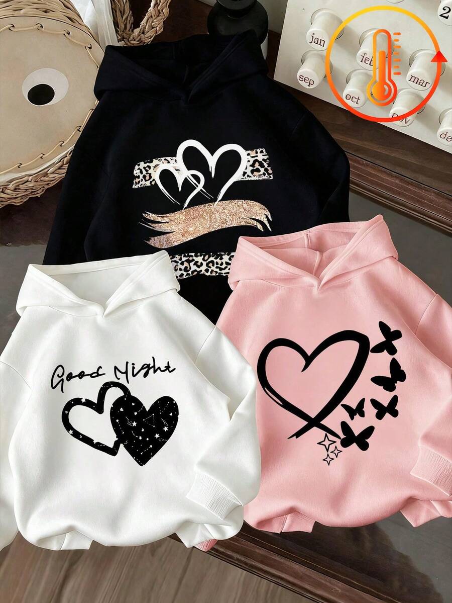 3pcs-Tween Girl 3-Piece Set, Fun Print Thermal Lined Hooded Pullover Sweatshirt, Warm And Comfortable For Autumn/Winter - Black - View 1