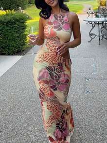 DOUCIU Chic Sleeveless Bodycon Long Dress With Side Cut-Outs, Floral Print, Sexy Elegant Dress - Multicolor - View 6