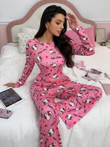 Noctvar OBM Sleepwear X Hello Kitty 2pcs Set Pakaian Rumah Anak Perempuan Motif Hello Kitty Pink, Atasan Lengan Panjang Pendek + Celana Panjang Lebar, Lembut, Ramah Kulit, Nyaman, dan Manis - Berwarna merah muda - View 4