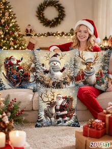 4Pcs Christmas White&Gold Pillow Covers,45*45cm Peach Skin Throw Pillowcase With Santa Claus,Snowman,Reindeer,Xmas Gifts Design,Cushion Cover,Merry Christmas Decorations,Christmas Decoration,Xmas Decor,Christmas Decor,Winter Home Decor,Living Room Bedroom Zipper Pillowcase (Pillow Insert Not Included) - Multicolor - View 8
