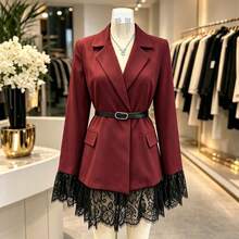 1pc Colorblock Woven Fabric Belt Lace Patchwork Jacket Office Formal Evening Party Tea Party Autumn - Burgundy - View 6