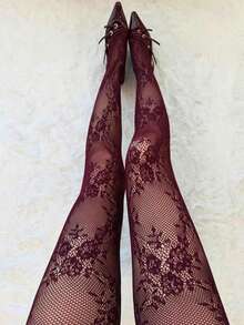 Lolita Sweet Punk Floral Over-The-Knee Tights, Colorful Sexy Hollow Mesh Fishnet Stockings Lingerie For Women - Burgundy - View 3