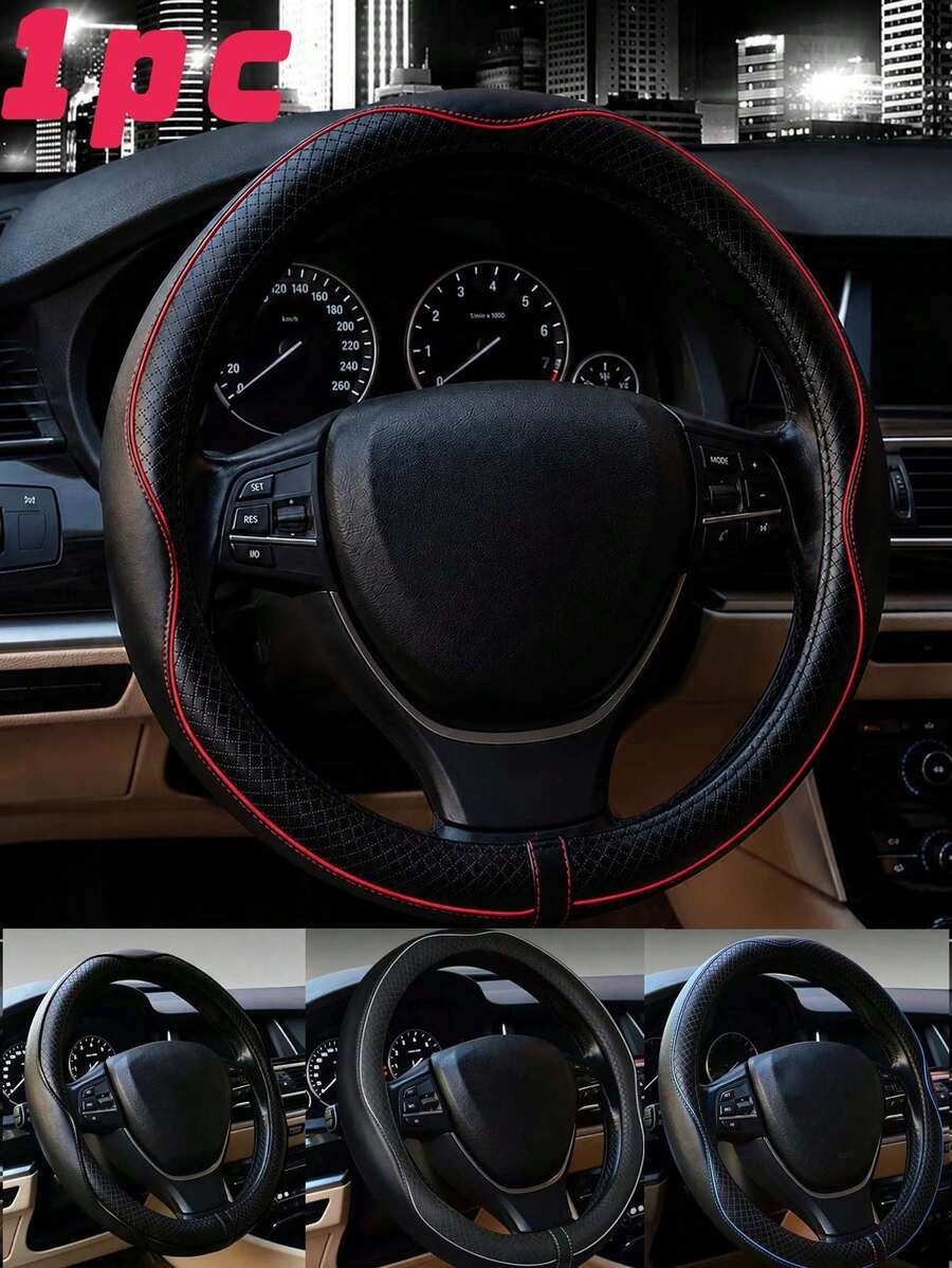 1件高品質皮革汽車方向盤套,附內圈,舒適抓握,時尚汽車內飾配件,適用多款車型,適合日常駕駛,耐熱,四季可用 - 彩色 - 查看 1