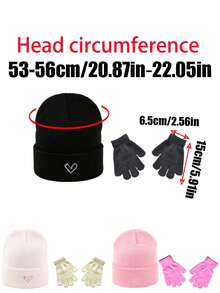 3pcs Autumn/Winter New Heart Embroidery Solid Color Kids Knit Hat & Gloves Set, Thickened Versatile Knitted Hat For Baby - Multicolor - View 6
