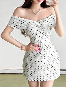 女士性感波点露肩A字迷你连衣裙，针织面料吊带设计，适合派对和节日穿着 - 白色 - 查看 5