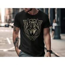 Celtic Wolf T-shirt, irländsk Shamrock Knotwork-design, mystisk grönögd andedjur-tröja, grafisk skjorta med hedniskt djurmotiv - Svart - Visa 1