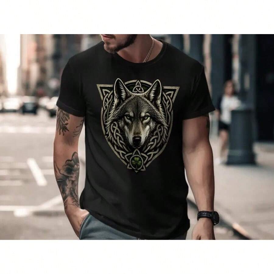 Celtic Wolf T-shirt, irländsk Shamrock Knotwork-design, mystisk grönögd andedjur-tröja, grafisk skjorta med hedniskt djurmotiv - Svart - Visa 1