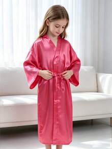 Young Girl Solid Color Waist Tie Casual Daily Home Sleepwear - Multicolor - View 3