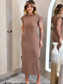 Vestido Longo Fenda Bolso Manga Elegante Feminino Malha Diário Casual Bege - Bege - Visão 8